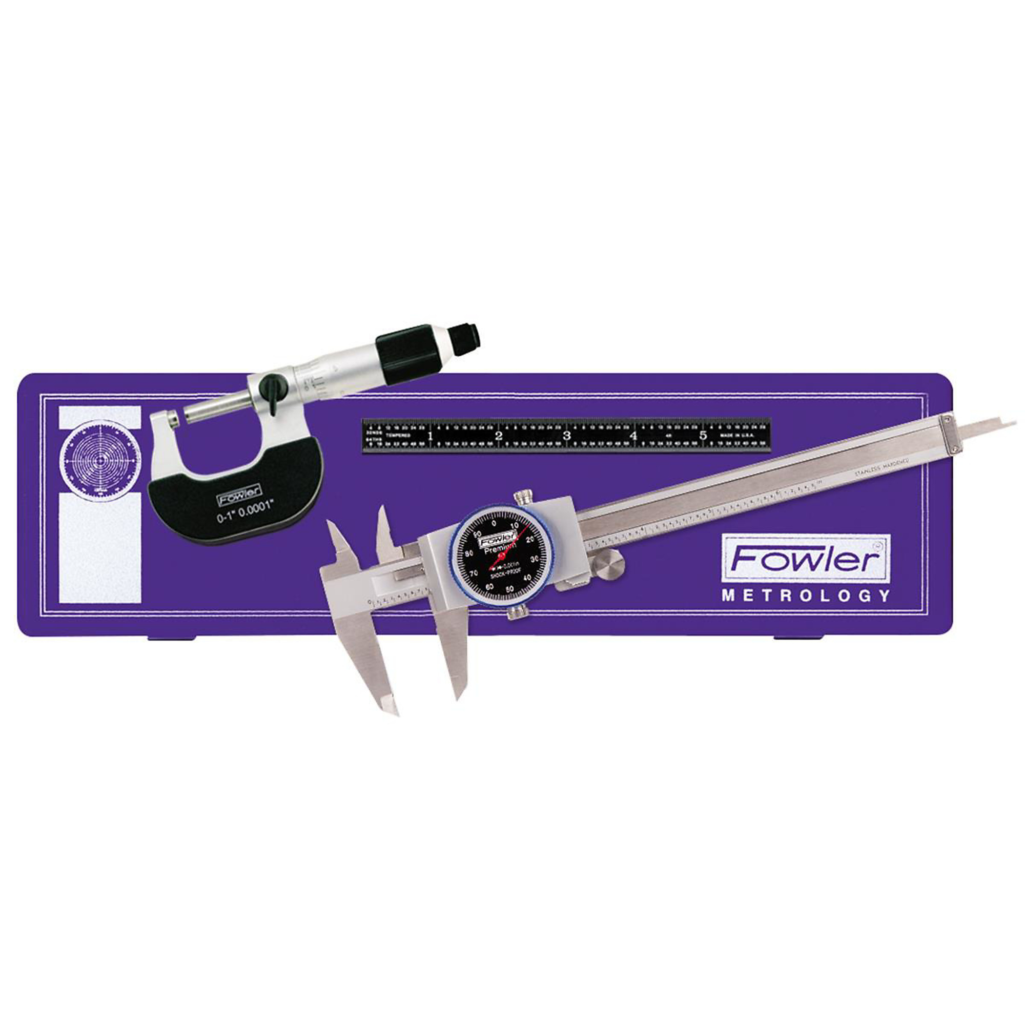Fowler Mechanics Measuring Set — Dial Caliper, Micrometer, EZ-Read Steel Rule, Model# FOW72-229-711